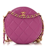 Lambskin Quilted Round Pearl Crush Clutch With Chain Purple