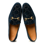 Velvet GG Monogram Horsebit Mens Jordaan Loafers  11 Blue Beige
