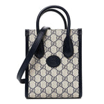 GG Supreme Monogram Textured Dollar Calfskin Mini Retro Interlocking G Tote Bag Beige Blue