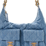 Washed Denim Quilted Cargo Large Hobo Light Blue