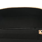 Suede Calfskin Shiny Lambskin Stitched Top Handle Slim Vanity Case With Chain Beige Black