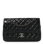 Distressed Patent Quilted Medium Double Flap Black