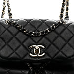 Shiny Caviar Quilted Medium Duma Pockets Drawstring Backpack Black