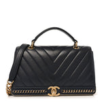 Sheepskin Chevron Stitched Chain Top Handle Flap Blue
