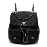 Calfskin Quilted Large Duma Pockets Drawstring Backpack Black