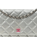 Metallic Lambskin Quilted Wallet On Chain WOC Silver
