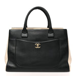 Grained Calfskin Medium Bi-Color Neo Executive Shopper Tote Black Beige