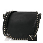 Grained Calfskin Rockstud Saddle Bag Black