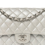 Glittered Metallic Caviar Quilted Medium Double Flap Silver