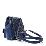 Shiny Caviar Quilted Medium Duma Pockets Drawstring Backpack Dark Blue