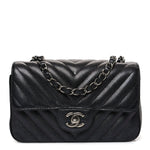 Metallic Caviar Chevron Quilted Mini Rectangular Flap Black