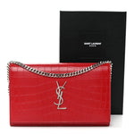 Calfskin Crocodile Embossed Monogram Chain Wallet New Red