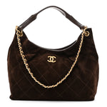 Suede Calfskin Lambskin Quilted Maxi Hobo Dark Brown