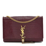 Calfskin Crocodile Embossed Medium Classic Monogram Kate Tassel Satchel Dark Red
