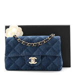 Printed Denim Quilted Mini Rectangular Flap Dark Blue