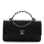 Shiny Crumpled Calfskin Crystal Quilted Precious Handle Clutch With Chain Black