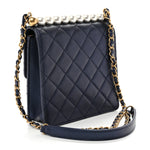 Iridescent Lambskin Quilted Chic Pearls Flap Navy Blue