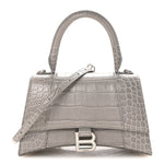 Shiny Calfskin Crocodile Embossed Small Hourglass Top Handle Bag Balenciaga Grey