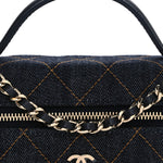Denim Quilted Top Handle Slim Vanity Case With Chain Dark Blue Orange