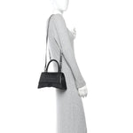 Shiny Calfskin Monochrome Crocodile Embossed Small Hourglass Top Handle Bag Black