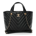 Calfskin Chevron Quilted Statement Shopping Tote Black