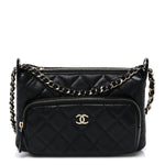Shiny Crumpled Lambskin Quilted Small Preppy Pocket Clutch With Chain Black