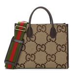Monogram Jumbo GG Textured Dollar Calfskin Web Small Tote Bag Camel Ebony New Acero