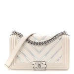 Lambskin Iridescent PVC Chevron Quilted Medium Boy Flap White Silver