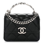 Caviar Quilted Enamel Top Handle Flap Clutch With Chain Black