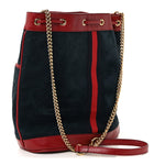 Suede Calfskin Web Medium Rajah Bucket Bag New Blue Romantic Cherry