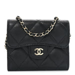 Caviar Quilted Flap Card Holder On Chain Black