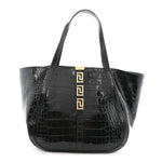 Calfskin Crocodile Embossed Greca Goddess Tote Bag Black
