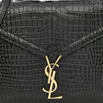 Calfskin Crocodile Embossed Medium Classic Monogram Cassandra Top Handle Black