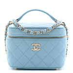 Caviar Quilted Top Handle Vanity Case With Chain Blue