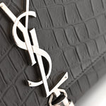 Calfskin Crocodile Embossed Medium Classic Monogram Kate Tassel Satchel Storm