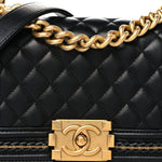 Lambskin Quilted Small Chain Detail Boy Flap Black