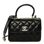 Lambskin Crystal Quilted Mini Trendy CC Dual Handle Flap Bag Black