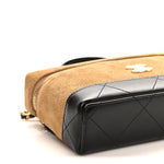 Suede Calfskin Shiny Lambskin Stitched Top Handle Slim Vanity Case With Chain Beige Black