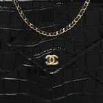 Calfskin Crocodile Embossed Croc Illusion Clutch With Chain  Black