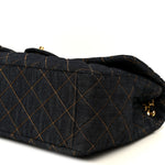 Denim Quilted XXL Travel Flap Bag Dark Blue Orange