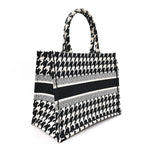 Canvas Macro Houndstooth Embroidered Medium Book Tote Black White