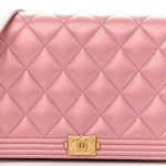 Metallic Lambskin Quilted Boy Wallet On Chain WOC Pink
