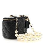 Lambskin Quilted Mini Vanity Case With Pearl Chain Black