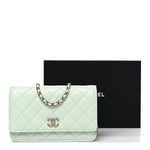 Lambskin Quilted Textured CC Wallet On Chain WOC Light Green
