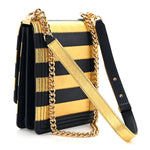 Metallic Lambskin Striped North South Boy Flap Navy Gold