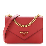 Saffiano Soft Calfskin Metal Triangle Logo Envelope Chain Shoulder Bag Fuoco