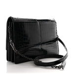 Crocodile Accordion Flap Shoulder Bag Black