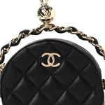 Lambskin Quilted Chain Round Mini Clutch Black