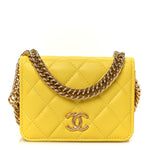 Lambskin Quilted Enamel Logo Flap Card Holder On Chain Yellow