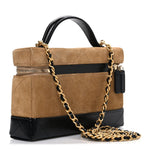 Suede Calfskin Shiny Lambskin Stitched Top Handle Slim Vanity Case With Chain Beige Black